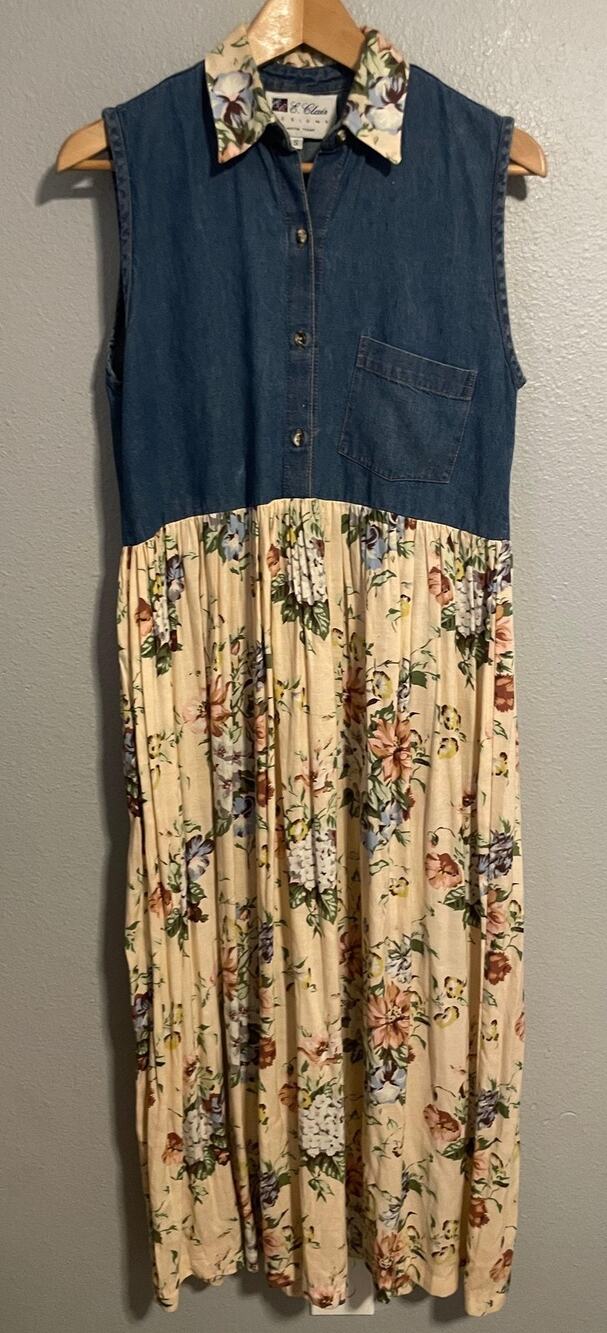 Vintage E. Clair Designs Womens Maxi Dress Small Denim Floral Belted Prairie 90s
